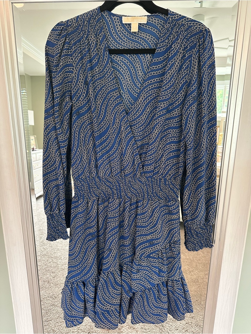 Michael Kors Blue Patterned Long Sleeve Wrap Dress